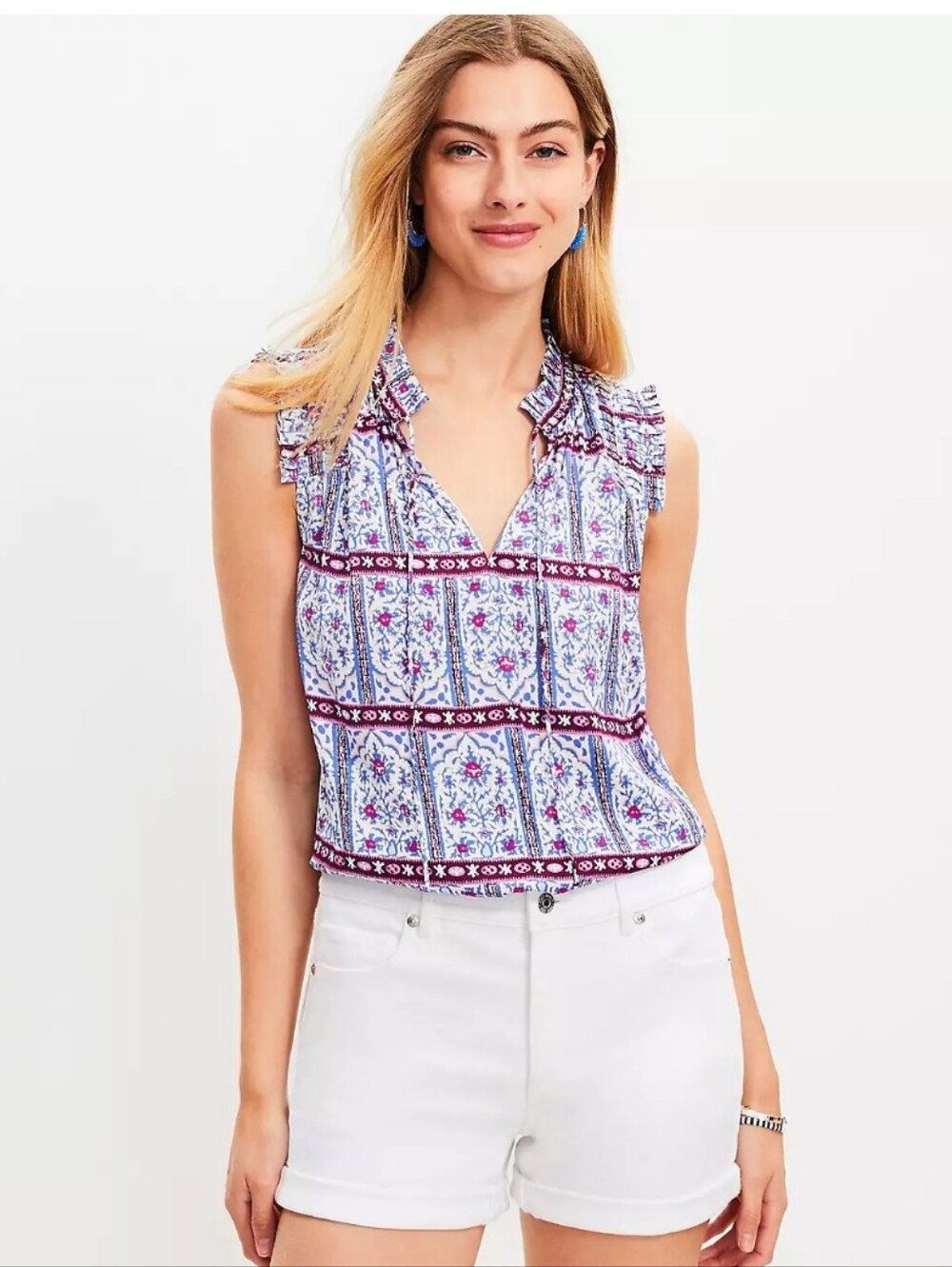LOFT Blue and Purple Printed Ruffle V-Neck